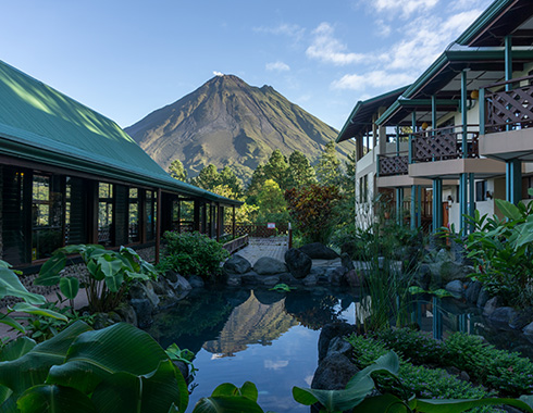 Hotels with the volcano in background.